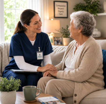 Caregiver holding hands with senior woman, providing compassionate support in Waterville, ME.