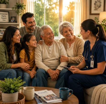 Family meeting with caregiver, discussing compassionate home healthcare support in Waterville, ME.